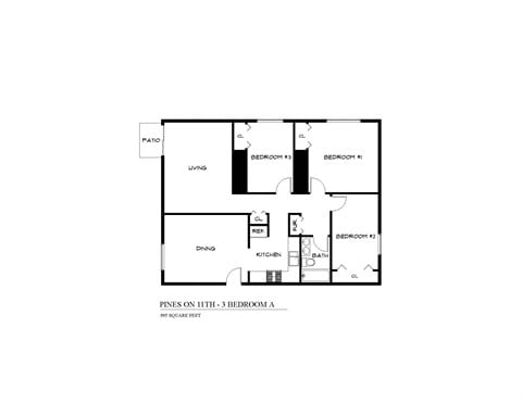 Floor plan for 3 beds, 1 bath, 995 sqft